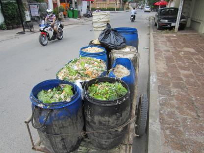 Garbage collected from restaurants appears to contain perfectly edible food -- for example, salad greens in the foreground.